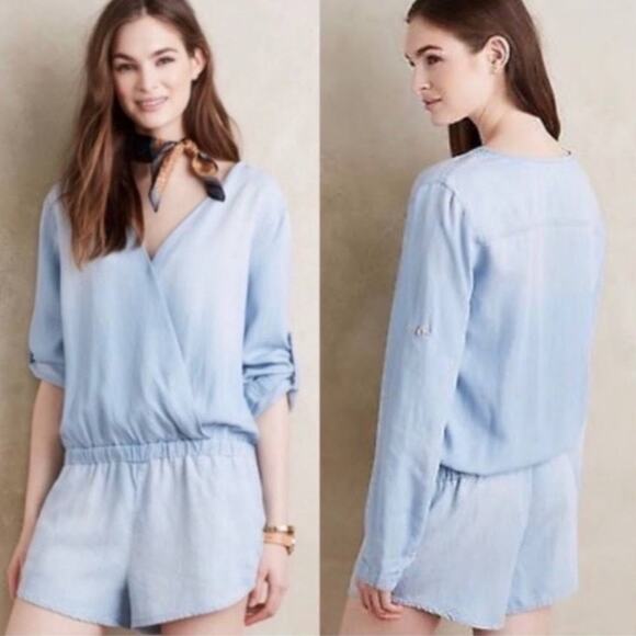 Cloth & Stone Surplice Chambray Romper Roll Tab S - Picture 1 of 5